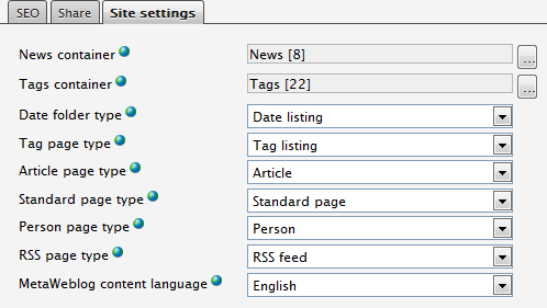 Specifying ETF settings for the website