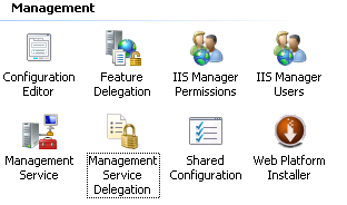 Screenshot of Management Service Delegation and Management Service icons in IIS Manager