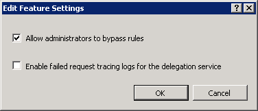 Screenshot of dialog to set the Allow administrators to bygpass rules option in IIS