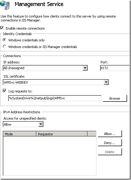 Screenshot of Management Service dialog for remote access to IIS