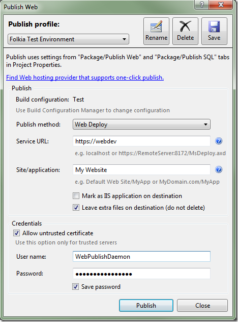 Screenshot of Publish Web dialog in Visual Studio