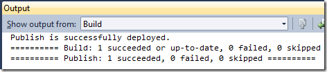 Screenshot of Visual Studio Output pane after publish command