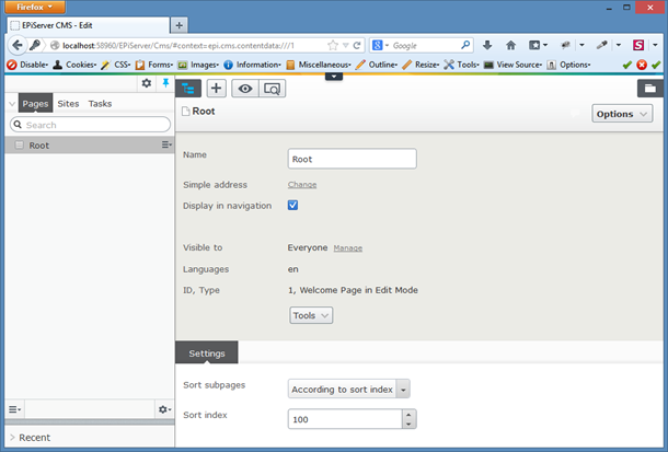 EPiServer UI after initial setup