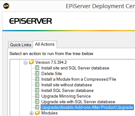 Upgrade add-ons option in Deployment Center for EPiServer 7.5