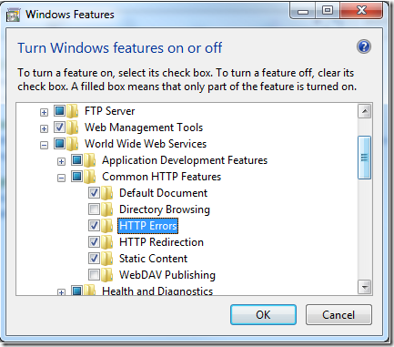 HTTP Errors feature in IIS